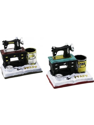 MiraLive Dikiş Makine Vintage Dekoratif Biblo - Renkli Kalemlik 12X13.5X9CM Reçine (4887)