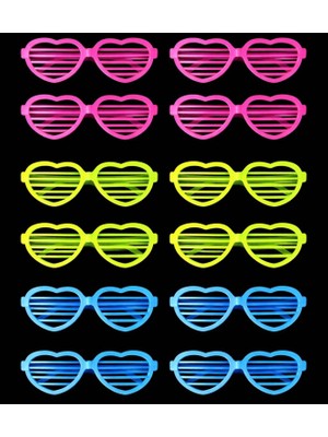 MiraLive Retro Neon Fosforlu Kalp Panjur Gözlük 12 Adet – 80’ler 90’lar Parti Stili (4887)