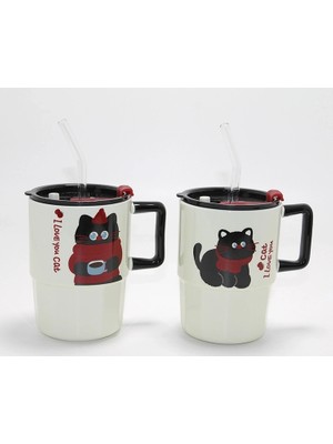 Sevimli Şaşkın Kedi Figürlü Pipetli Kapaklı Porselen Kupa Bardak ALK5042