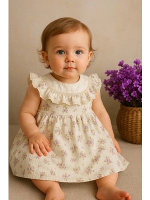 GMG Collection Baby Müslin Kumaş Elbise Lavanta Beyaz