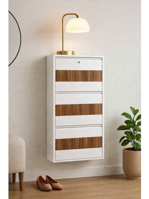 Tomkar 3'lü Beyaz Metal Ayakkabılık Ahşap Ceviz Kaplamalı ( Kilitli )