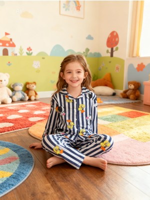NiCe İç Giyim Tweet & Sylvester Karakter Temalı Lacivert Çizgili Gömlek Yaka Kız Çocuk Pijama Takım