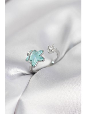 MiraLive Gümüş Renk Turkuaz Yıldız Model Kadın Yüzük - TJ-BYK4146
