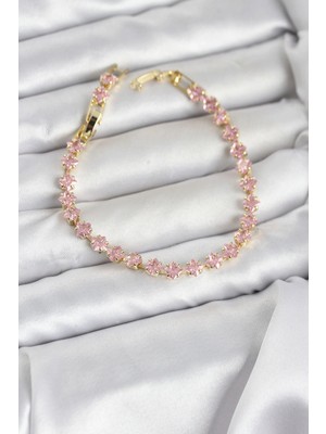 MiraLive Pembe Kare Zirkon Taşlı Gold Renk Pirinç Su Yolu Kadın Bileklik - TJ-BB8324