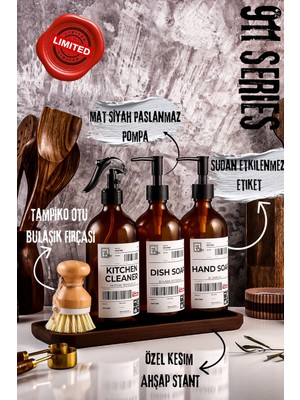 TheBRo 911 Serisi Ahşap Stantlı Tampiko Fırçalı El Sabunu, Bulaşık Deterjanı,temizleyici Sprey Şişesi