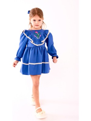 Mavi Renkli Kanaviçe Işlemeli Kız Çocuk Elbise