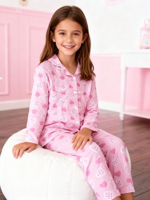 NiCe İç Giyim Pembe Renk Kalp Desenli Yumuşacık Gömlek Yaka Düğmeli Kız Çocuk Pijama Takım