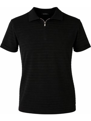 Trender 26YSS9000024 Siyah Erkek Polo Yaka T-Shirt Kayı Yarım Fermuarlı