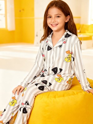 NiCe İç Giyim Tweety & Slyvester Temalı Beyaz Renk Gri Çizgili Gömlek Yaka Düğmeli Pamuk Kız Çocuk Pijama Takım