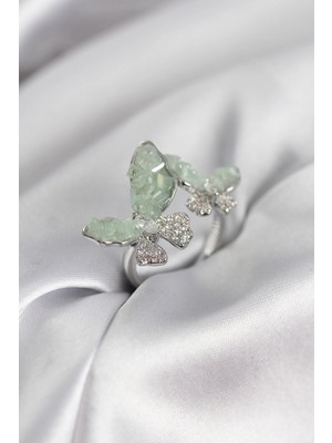 MiraLive Gümüş Renk Su Yeşili Kelebek Model Zirkon Taşlı Kadın Yüzük - TJ-BYK3947