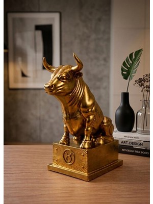 Hediyehanem Boğa Biblo Dekoratif Altın Renk Boğa Burcu Heykeli Boğa Figürü Masa Üstü Obje (15X12 Cm)