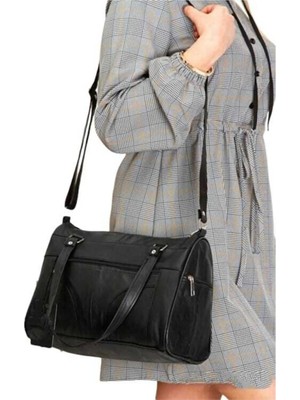 Huflex Hakiki Deri Siyah Deri Geniş Omuz Askılı Çift Askılı Kol Çantası-Omuz Çantası