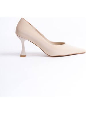 Alfaze Bej Saten Sivri Burun Ince Topuklu Stiletto Zarif Klasik Topuklu Ayakkabı