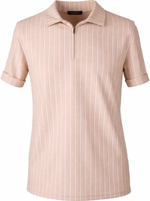 Trender Çizgili Bej Erkek Polo Yaka T-Shirt Zartem