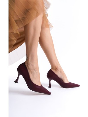 Alfaze Bordo Saten Sivri Burun Ince Topuklu Stiletto Zarif Klasik Topuklu Ayakkabı