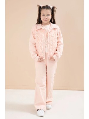 Ecolkız Pembe Somon Önü Gül Işlemeli Ceketli Kız Çocuk Pantolonlu 3lü Alt Üst Takım