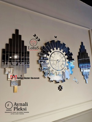 50 cm Duvar Saati + 50x25 cm 2’li Yan Dekor Seti MDF Üzeri Lüks Aynalı Pleksi Gümüş Beyaz Roma Rakam Büyük Boy Modern Dekoratif Duvar Saati seti  | Lotus Lazer Tasarım