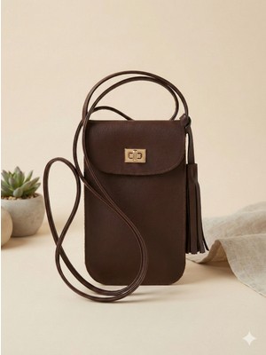 pai Suni Deri Telefon Çantası – Gold Kilitli, Uzun Askılı Kadın Omuz & Çapraz Çanta