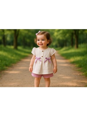 GMG Collection Baby Müslin Külot Şortlu Elbise Mor x Kurdeleli Beyaz