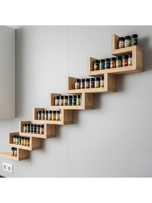 Evdekka Plus Aksesuar Dekoratif Duvar Rafı - 8 Katlı Merdiven Tasarım Saksılık ve Baharatlık - 25X10 cm