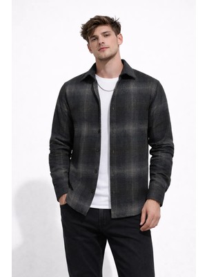 Cococan8 Erkek Oduncu  Gömlek Slim Fit Uzun  Koll  Ekose  Desen  Gri Akrilik Kumaş Yumuşak Dokulu