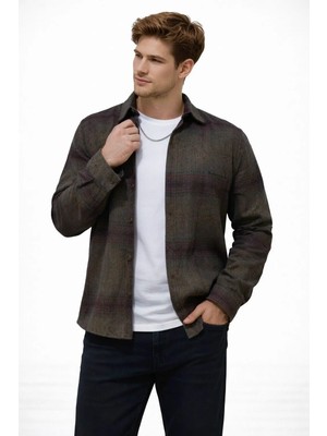 Cococan8 Erkek  Oduncu  Gömlek Slim Fit Uzun  Kol  Ekose  Desen  Koyu  Kahve Akrilik Kumaş Yumuşak Dokulu
