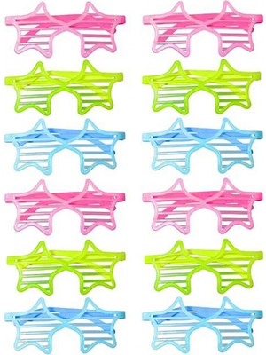 MiraLive Retro Neon Fosforlu Yıldız Panjur Gözlük 12 Adet – 80’ler 90’lar Parti Stili