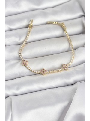 MiraLive Pembe Yonca Detaylı Zirkon Taşlı Gold Renk Pirinç Su Yolu Kadın Bileklik - TJ-BB8327