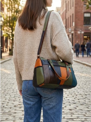 Huflex Hakiki Deri Koyu Mix Geniş Omuz Askılı Çift Askılı Kol Çantası-Omuz Çantası