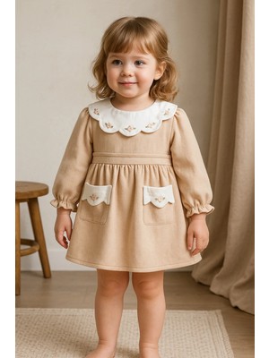 GMG Collection Baby Çiçek Işlemeli Yaka ve Cep Detaylı Kız Çocuk Elbise 2y-3-4-5yaş - Bej