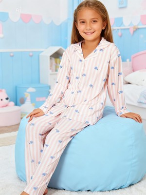 NiCe İç Giyim Pembe Şerit Çzgili Çicek Desenli Gömlek Yaka Düğmeli  Kız Çocuk Pijama Takım