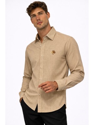 Cococan8Erkek Saman Sarısı Fitilli Kadife Örme Gömlek  Slim Fit Nakışlı Uzun Kol Yumuşak Dokulu