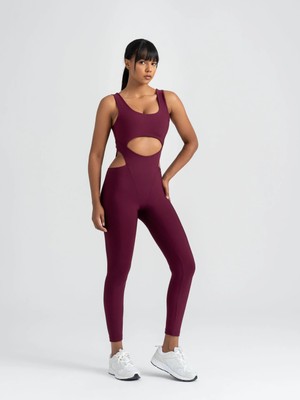 Lismina Mürdüm Rengi Kalın Askılı Bel Dekolteli Spor Tayt Tulum