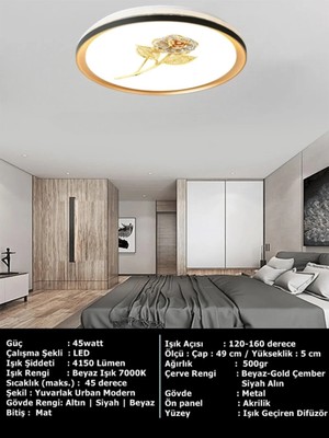 Gökyüzü Panel 3D Baskı Gül, Gold Ledtavan Armatür 45W – Beyaz Işık 7000K - 50CM Avize Yuvarlak,yapay Zeka Tasarım