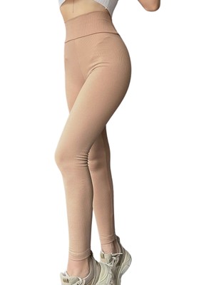 No35 Yüksek Bel Fitilli Şardonlu Tayt - Bej