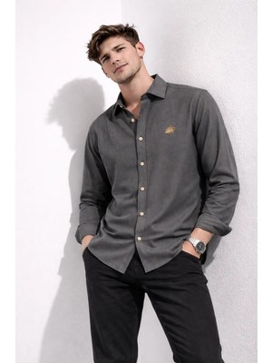 Cococan8 Erkek Gri Kadife Örme Gömlek Nakışlı Uzun Kol Yumuşak Dokulu