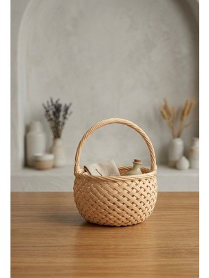 Uranos Bohem Tarz Yuvarlak Hasır Sepet - Piknik ve Sunum Sepeti