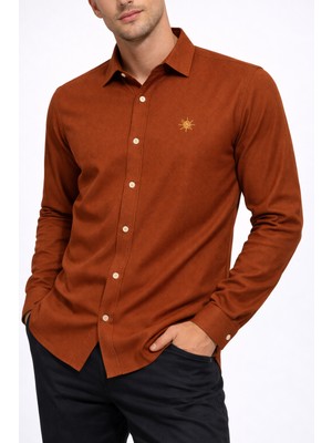 Cococan8 Erkek Turuncu  Kadife Örme Gömlek Nakışlı Uzun Kol Yumuşak Dokulu