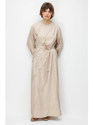 Micca %100 Doğal LyoCELL Dökümlü Soft Hissiyat Ara Aller Volan Detaylı Maxi Elbise-Taş