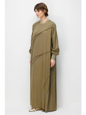 Micca %100 Doğal Lyocell Dökümlü Soft Hissiyat Ara Aller Dikiş Detaylı Maxi Elbise-Haki
