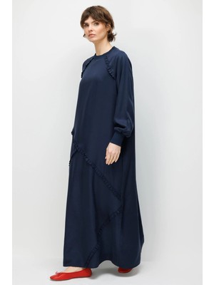 Micca %100 Doğal Lyocell Dökümlü Soft Hissiyat Büzgülü Aller Garni Detaylı Maxi Elbise-Laci