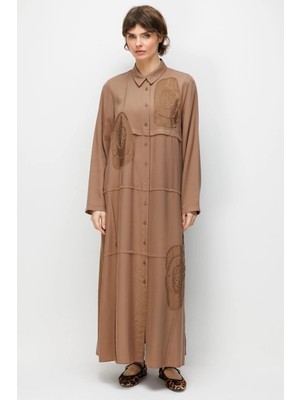 Micca %100 Doğal LyoCELL Maxi Dökümlü Soft Kumaş Elişi Flora İşleme Detaylı Maxi Tunik Ferace-Kahve