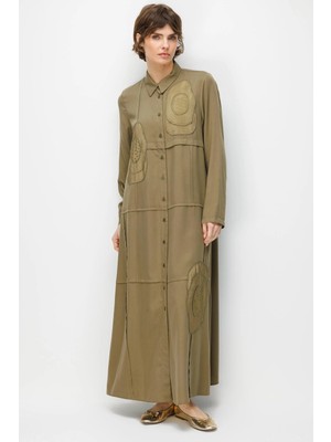 Micca %100 Doğal LyoCELL Maxi Dökümlü Soft Kumaş Elişi Flora İşleme Detaylı Maxi Tunik Ferace-Haki