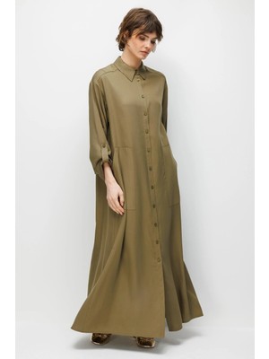 Micca %100 Doğal Lyocell Maxi Dökümlü Soft Kumaş Zamansız Spor Kap Ferace-Haki