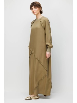 Micca %100 Doğal Lyocell Dökümlü Soft Hissiyat Büzgülü Aller Garni Detaylı Maxi Elbise-Haki