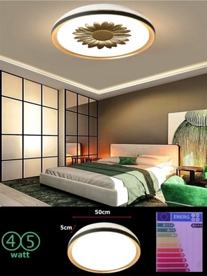 Gökyüzü Panel Papatya Baskılı, Gold 50CM, Yuvarlak, 45WATT, Beyaz Işık, Ledli Tavan Avize, Gold Gövde, Siyah Şerit