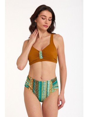 Argento Kadın Kahverengi Desenli Büyük Beden Ince Sabit Kaplı Yüksek Bel Toparlayıcı Bikini Takımı