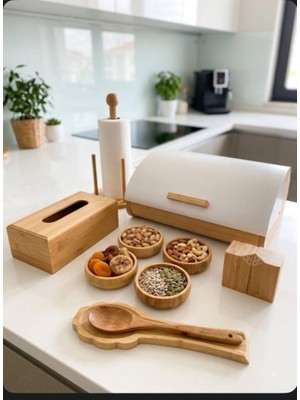 Hüco Bazaar Bambu 10 Parça Mutfak Seti (Ekmek Kutusu, Havluluk, Tuzluk, Çerezlik, Peçetelik, Kepçe Altlığı)