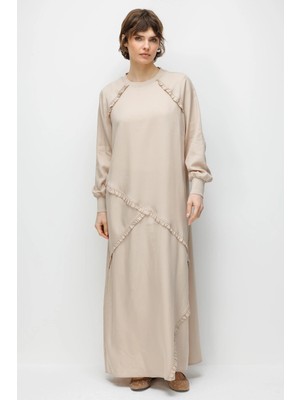 Micca %100 Doğal Lyocell Dökümlü Soft Hissiyat Büzgülü Aller Garni Detaylı Maxi Elbise-Taş