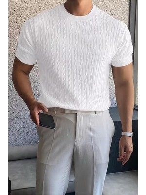 Oksit Kelly Lüks Seri Erkek Slim Fit Saç Örgü Desenli Bisiklet Yaka Kısa Kollu Triko Tişört